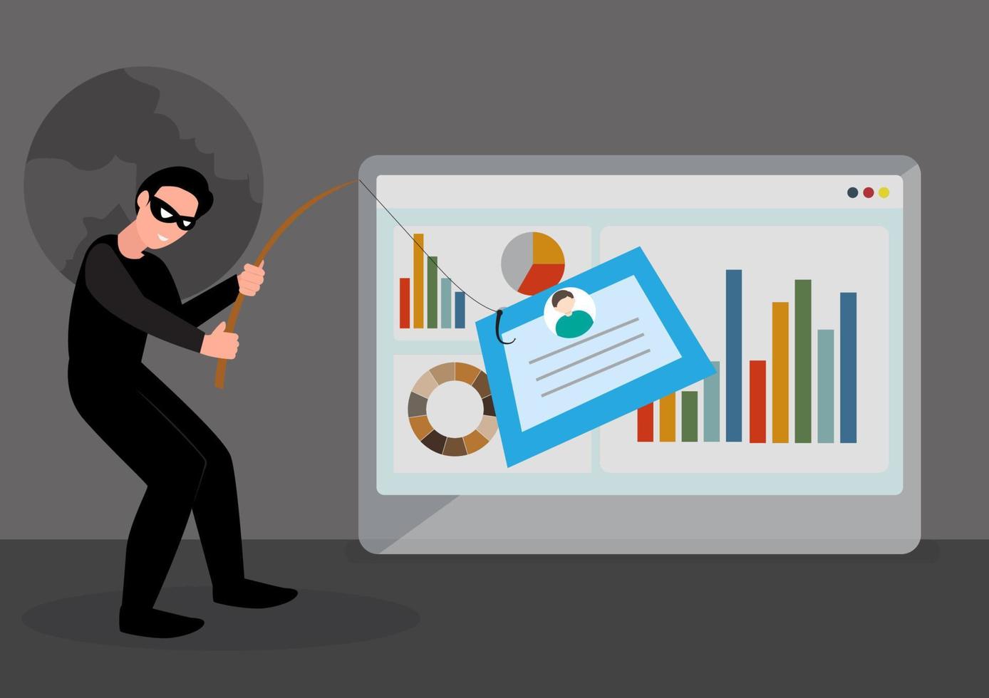cyberphishing criminelen stelen persoonlijk informatie. identiteit, wachtwoord, bank documenten en credit kaart. vector illustratie