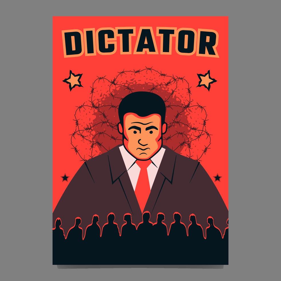 een plakkaat met een dictator op zoek Bij een silhoutte van menigte tegen de achtergrond van met weerhaken draad. een symbool van dictatuur, totalitarisme en autocratie. vector