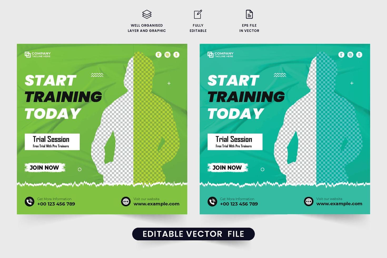 professioneel Sportschool opleiding sociaal media post vector met groen en aqua kleuren. Sportschool bedrijf reclame web banier ontwerp voor digitaal marketing. geschiktheid Sportschool training sessie promotionele sjabloon.