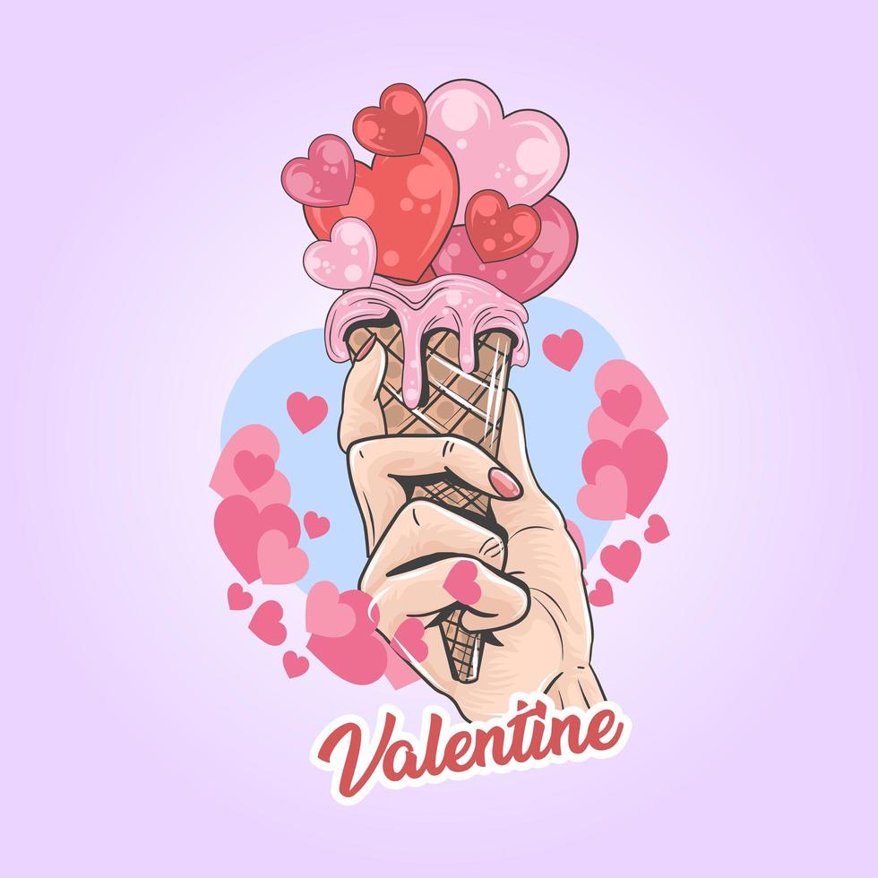 hand met liefde-ijs met Valentijnsdag harten vector