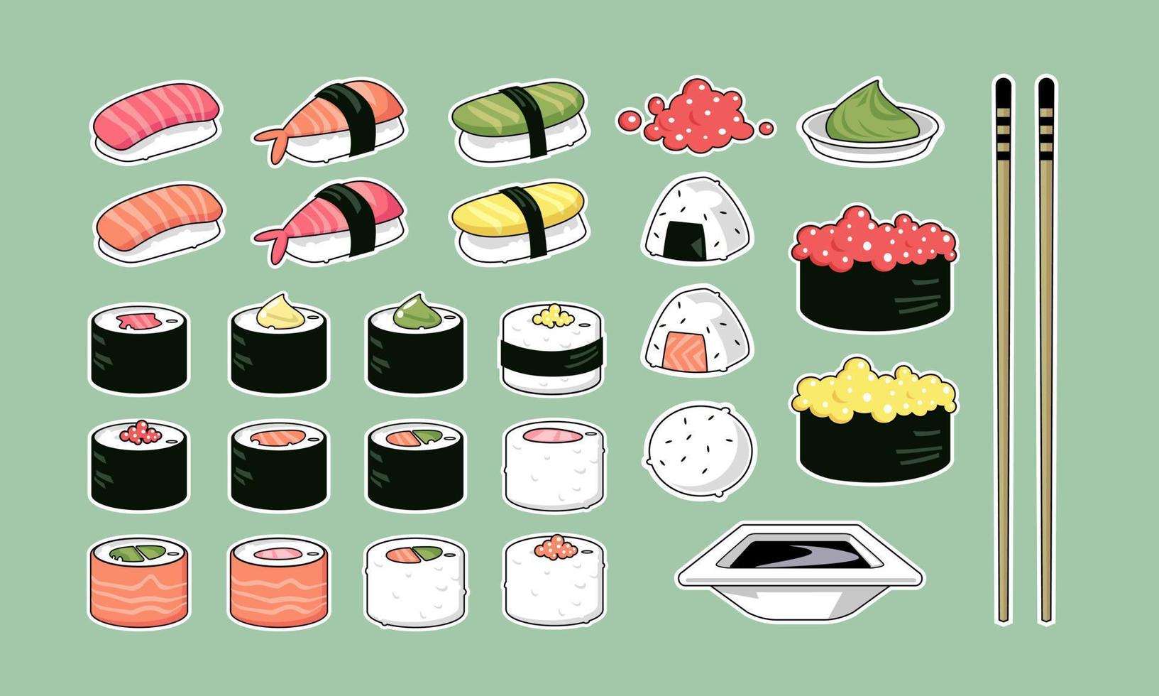cartoonachtig sushi menu vector pictogrammen reeks