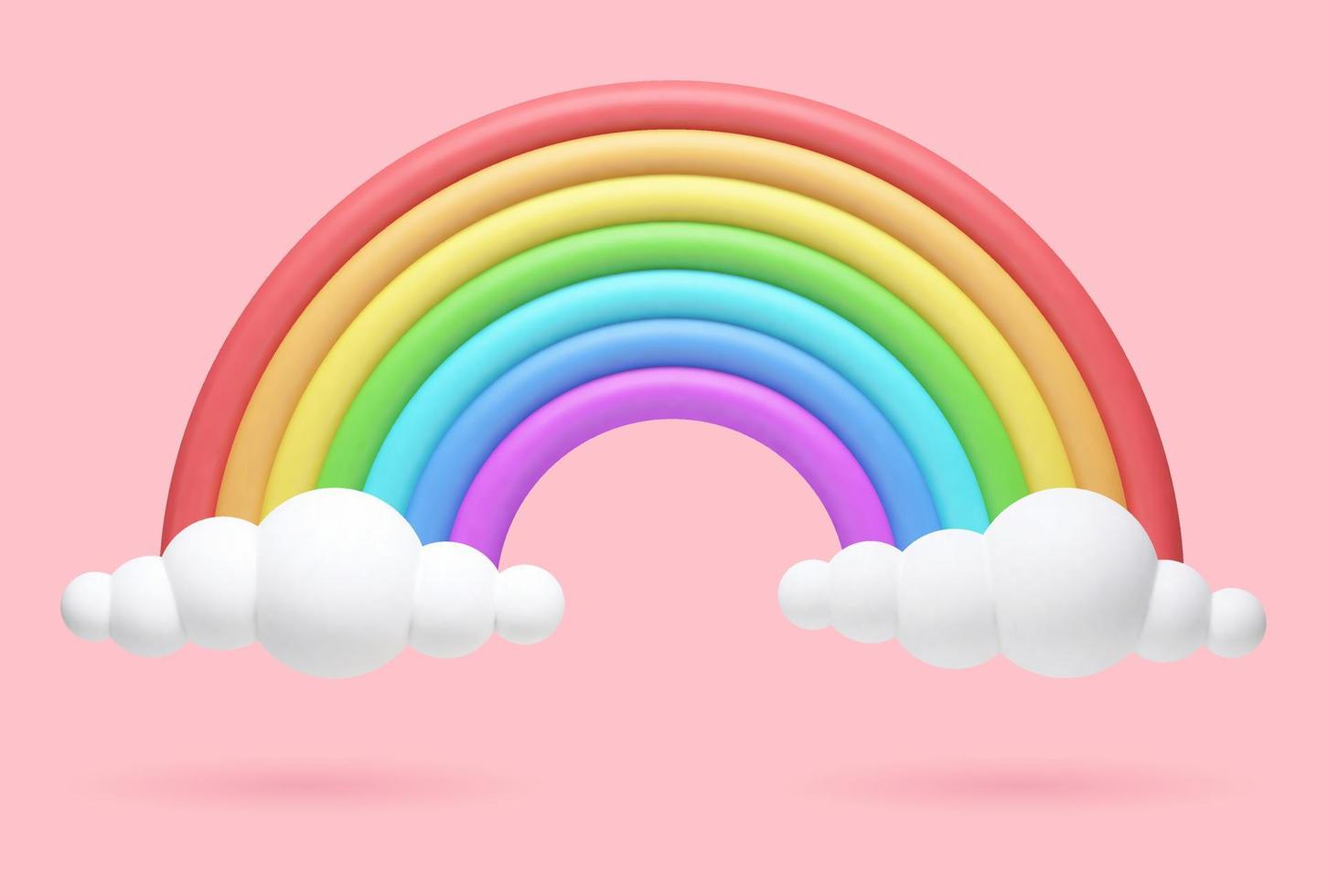 vector 3d realistisch illustratie van een 7-kleuren regenboog Aan een roze achtergrond met wolken