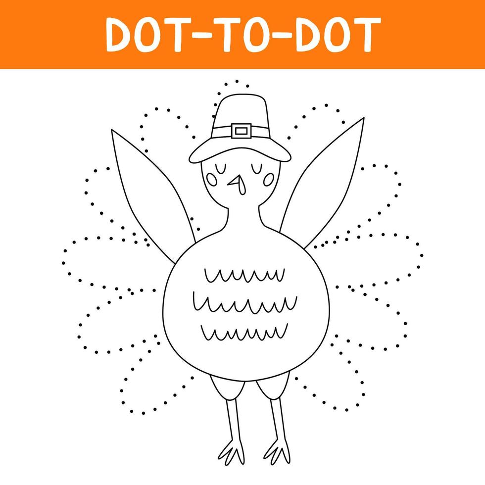 aansluiten de dots en trek schattig pelgrim kalkoen. vogel dier karakter vervelend een pelgrims hoed. afdrukbare werkblad. leerzaam spel voor kinderen. vector tekenfilm illustratie voor dankzegging dag.