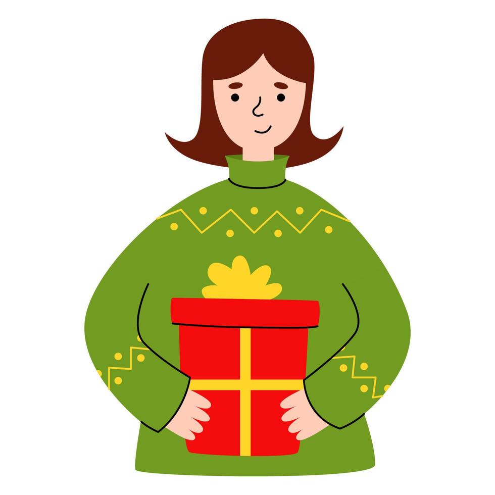 jong vrouw met nieuw jaar geschenken. grappig tekenfilm tekens voorbereidingen treffen voor kerstmis. meisje ontvangen presenteert. Kerstmis uitverkoop of geheim de kerstman verrassingen concept. vector vlak illustratie.