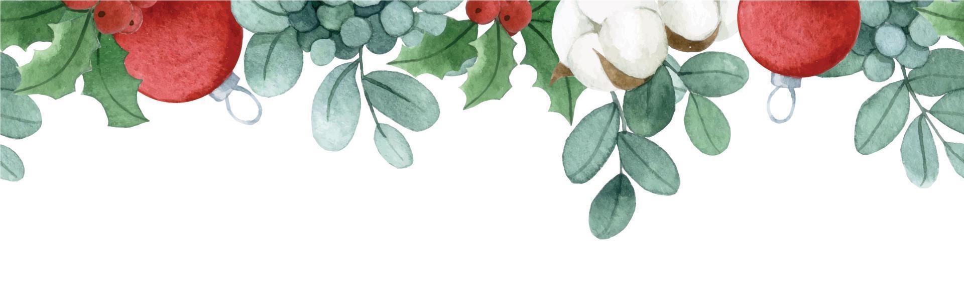waterverf naadloos Kerstmis grens met eucalyptus bladeren, hulst en katoen bloemen. Kerstmis speelgoed, rood ballen vector
