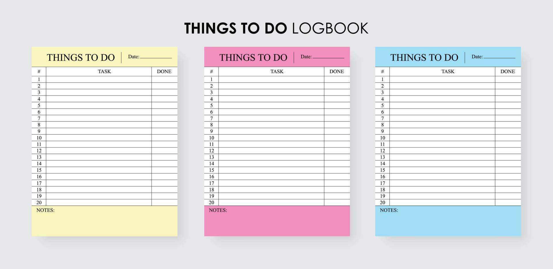dingen naar Doen logboek, minimaal naar Doen lijst afdrukbaar, produktiviteit ontwerper vector