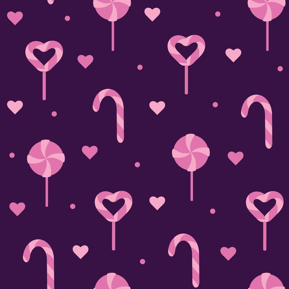 helder naadloos patroon met roze snoepgoed, snoepjes, lolly Aan een donker achtergrond. schattig vector afdrukken voor verjaardag partij