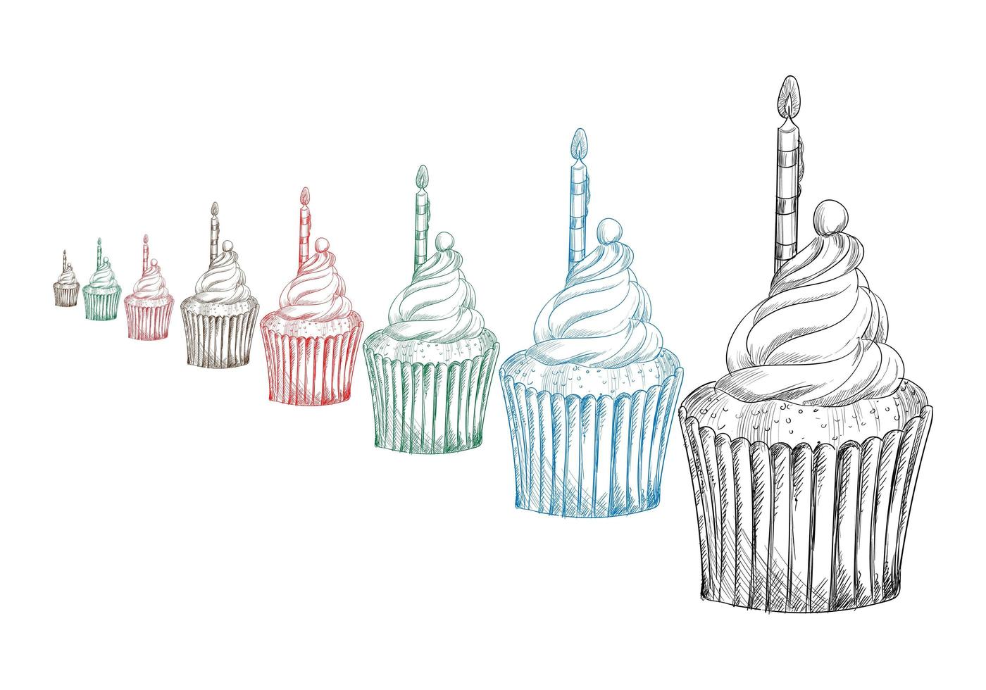 prachtige kleurrijke cup cake sketch set vector