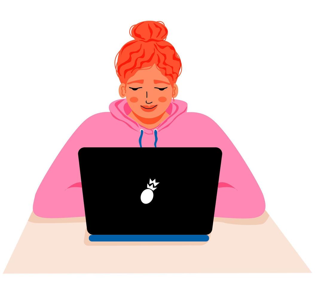 vrouw met laptop zittend Bij bureau. freelancer werken Bij huis. meisje aan het studeren. vector illustratie