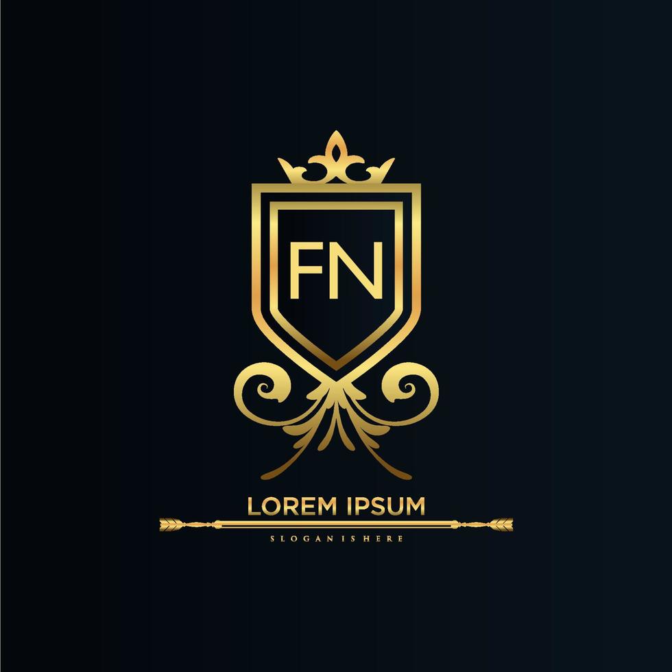 fn brief eerste met Koninklijk sjabloon.elegant met kroon logo vector, creatief belettering logo vector illustratie.