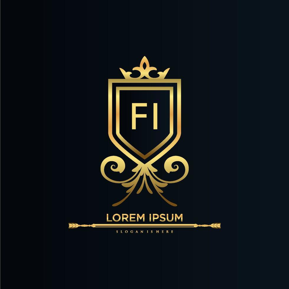 fi brief eerste met Koninklijk sjabloon.elegant met kroon logo vector, creatief belettering logo vector illustratie.