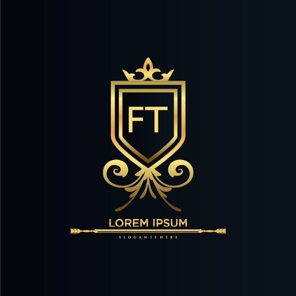 ft brief eerste met Koninklijk sjabloon.elegant met kroon logo vector, creatief belettering logo vector illustratie.