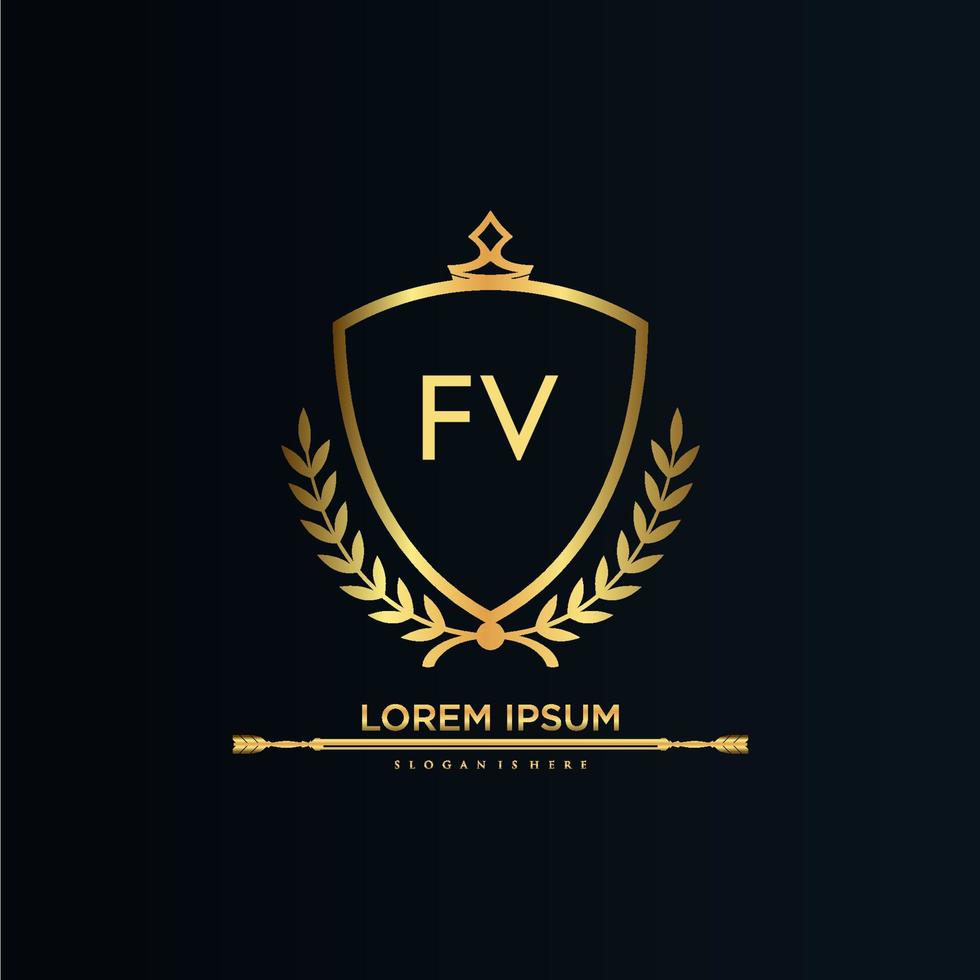 fv brief eerste met Koninklijk sjabloon.elegant met kroon logo vector, creatief belettering logo vector illustratie.