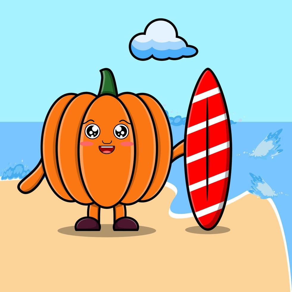 schattig tekenfilm pompoen karakter spelen surfing vector