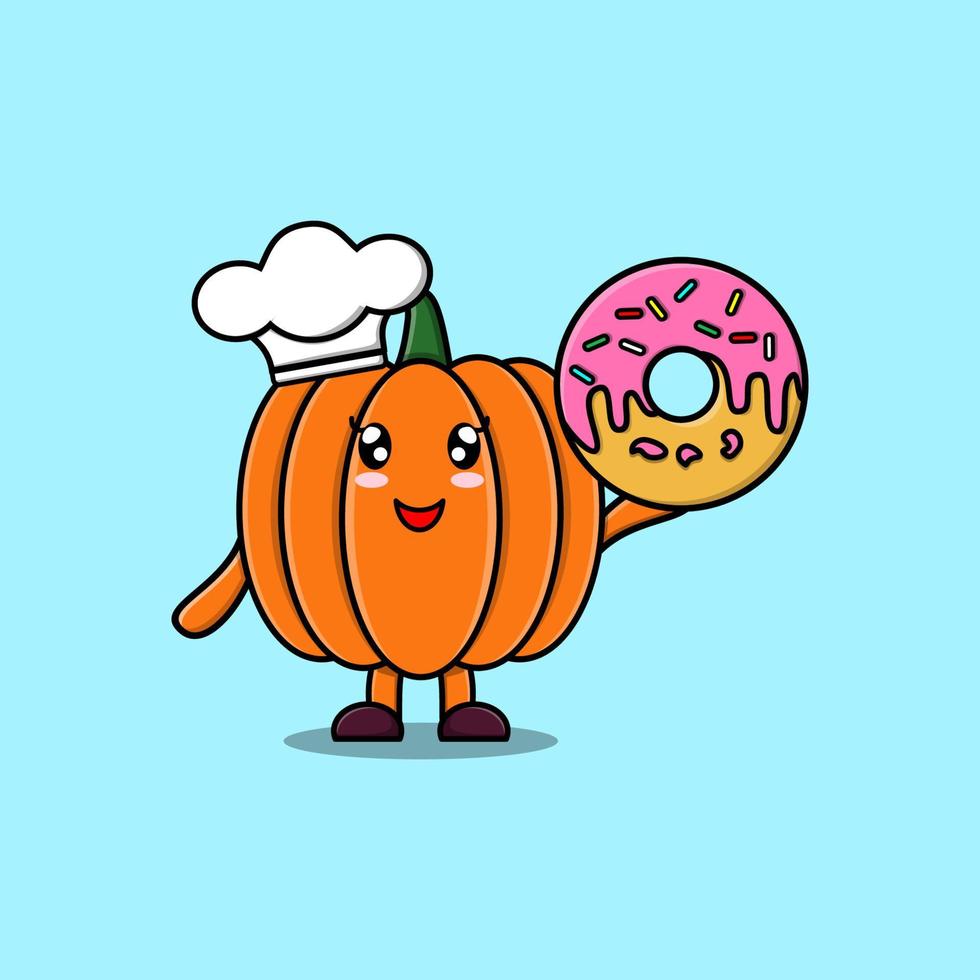 schattig tekenfilm pompoen chef karakter donuts vector