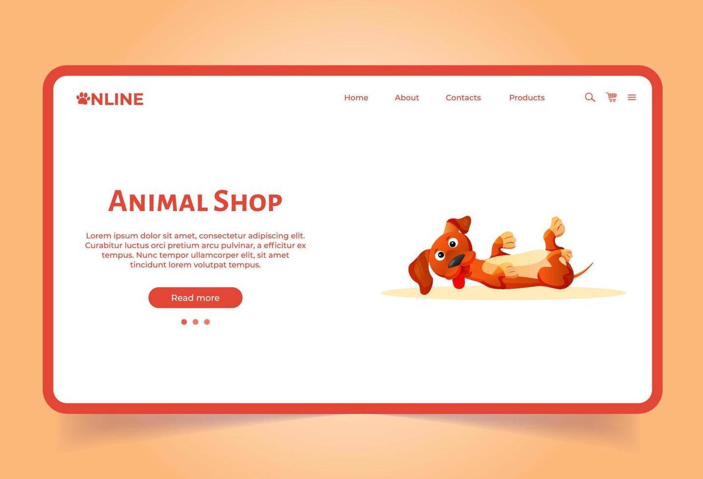 dier winkel landen bladzijde sjabloon. online huisdier op te slaan. hond kat winkel. huisdieren zorg. scherm voor ui, web. vlak tekenfilm stijl. vector