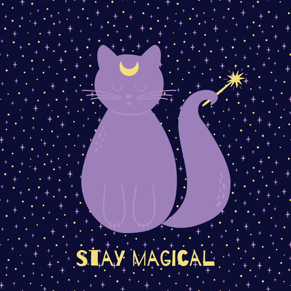 magie halloween kat met magie toverstok. schattig magie element in Purper kleur. schattig dier. weinig katje met de maan. vector illustratie. baby afdrukken, sterrenhemel donker achtergrond. fee karakter. paars kat.