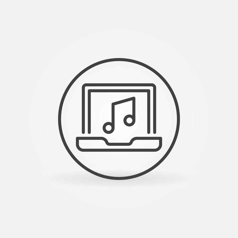 laptop met musical Notitie in cirkel vector dun lijn ronde icoon