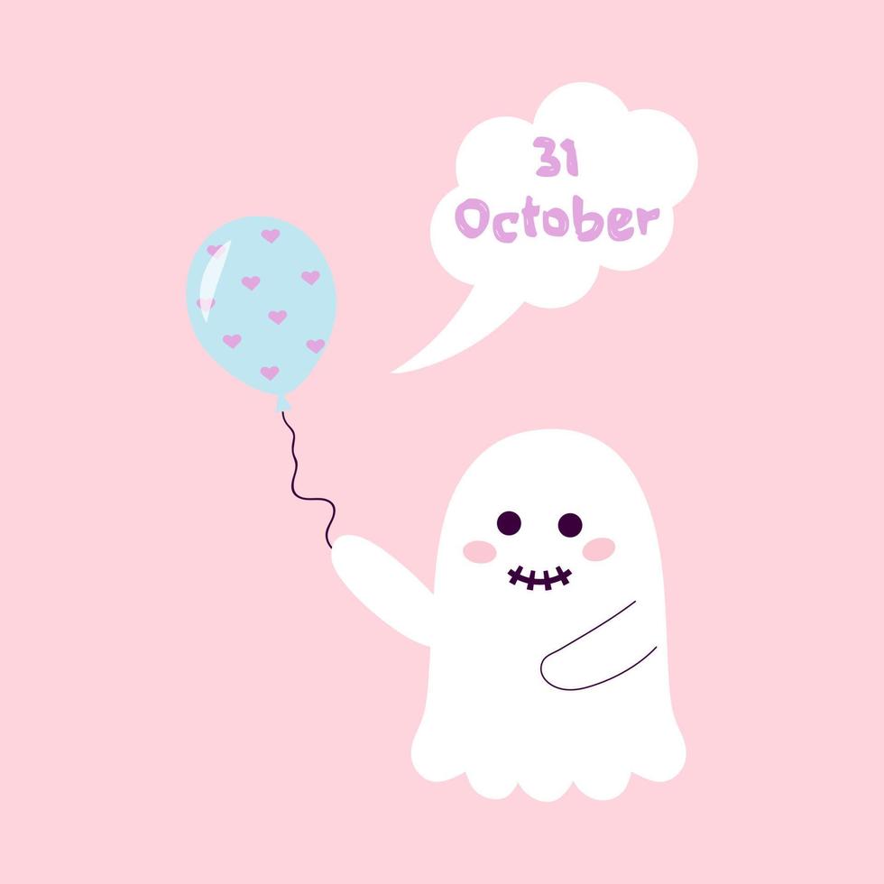 schattig geest met ballon en toespraak bubbel. 31 oktober. halloween kaart. vector