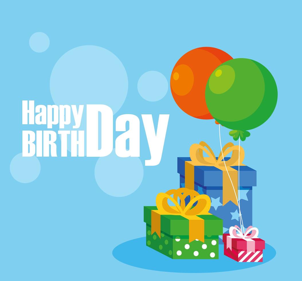 gelukkige verjaardagskaart met geschenkdozen en ballonnen helium vector