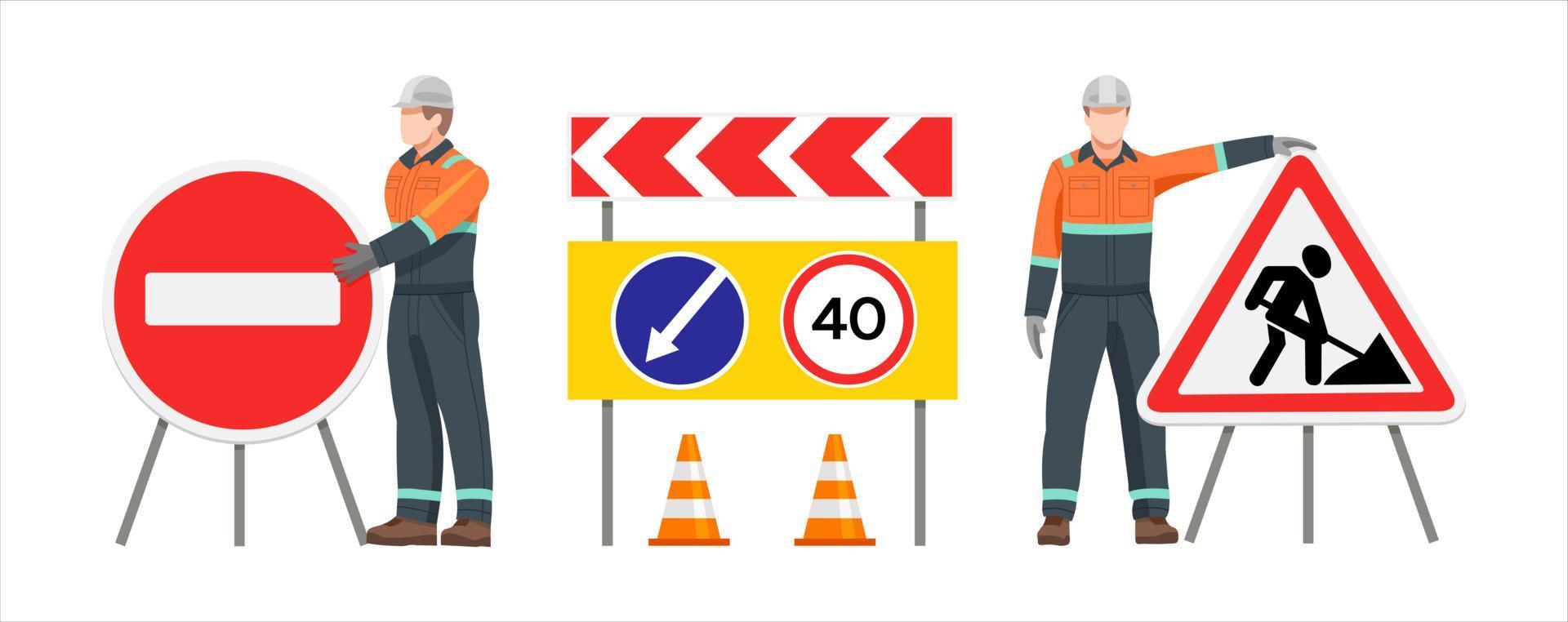een weg arbeider staat Bij een weg werken en hou op teken. weg tekens. reizen verbieden. weg reparatie. vector illustratie