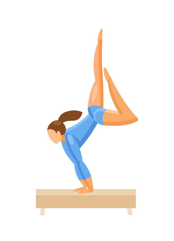 meisje gymnast in een blauw pak Aan een balans straal. gymnastiek. vector vlak illustratie geïsoleerd Aan wit achtergrond