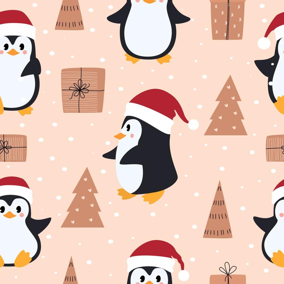 Kerstmis naadloos patroon met pinguïns, Kerstmis bomen en vakantie geschenken. vector illustratie.