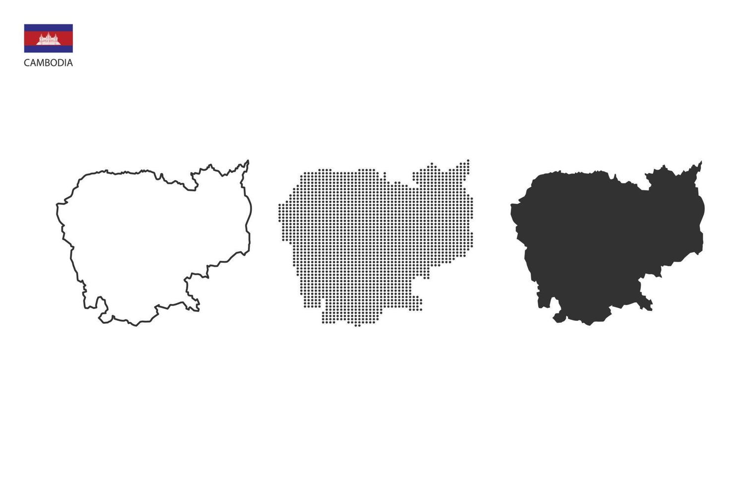 3 versies van Cambodja kaart stad vector door dun zwart schets eenvoud stijl, zwart punt stijl en donker schaduw stijl. allemaal in de wit achtergrond.