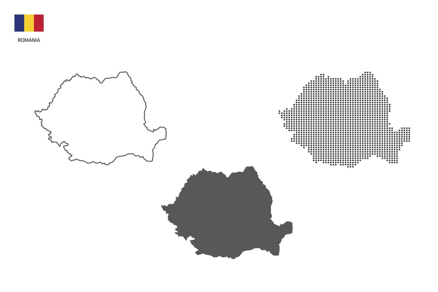 3 versies van Roemenië kaart stad vector door dun zwart schets eenvoud stijl, zwart punt stijl en donker schaduw stijl. allemaal in de wit achtergrond.