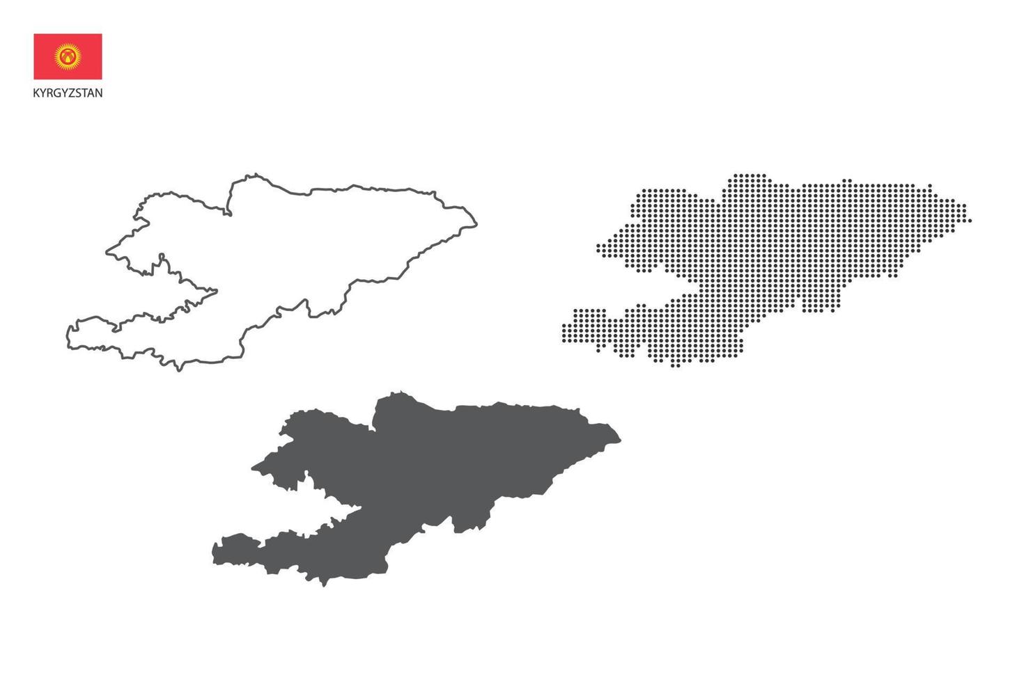 3 versies van Kirgizië kaart stad vector door dun zwart schets eenvoud stijl, zwart punt stijl en donker schaduw stijl. allemaal in de wit achtergrond.