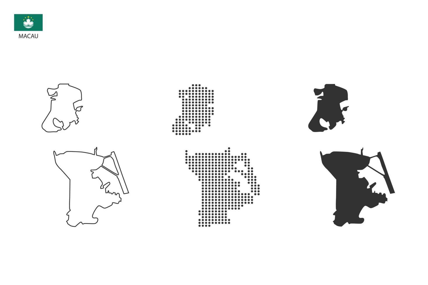 3 versies van macau kaart stad vector door dun zwart schets eenvoud stijl, zwart punt stijl en donker schaduw stijl. allemaal in de wit achtergrond.