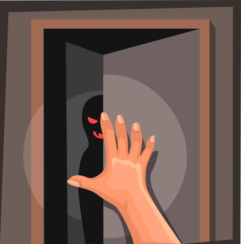 vreemdeling sillhouette achter deur kamer tafereel tekenfilm illustratie vector
