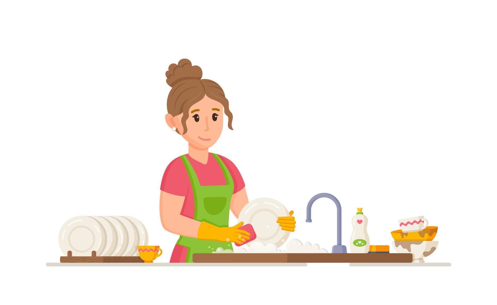 vector illustratie van huisvrouw het wassen borden. huisvrouw het wassen gerechten in de keuken in een mooi zo humeur.