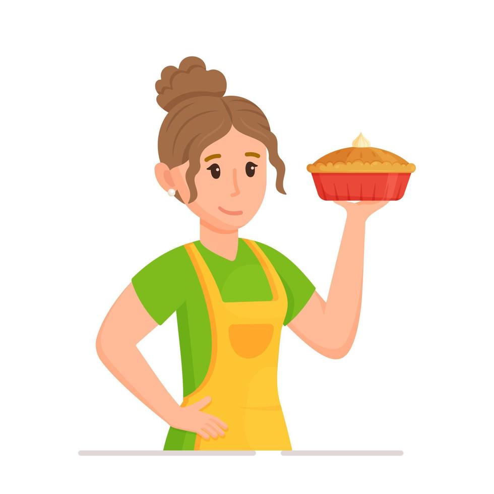 vector illustratie van een huisvrouw met een eigengemaakt taart in haar handen. schattig meisje maken een heerlijk nagerecht. geïsoleerd Aan een wit achtergrond van van iemand liefhebbend moeder.