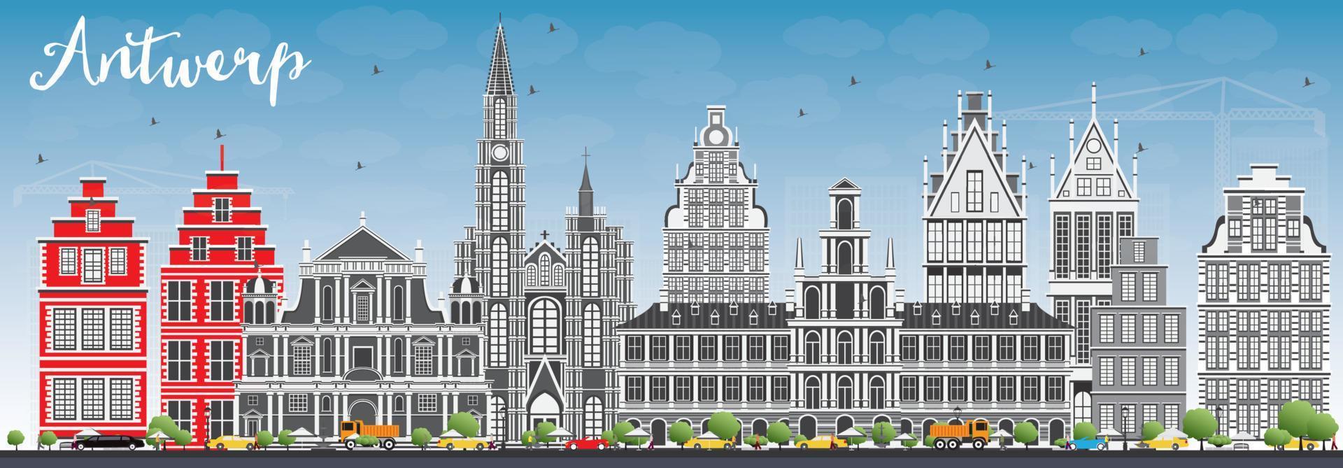 antwerpen horizon met grijs gebouwen en blauw lucht. vector