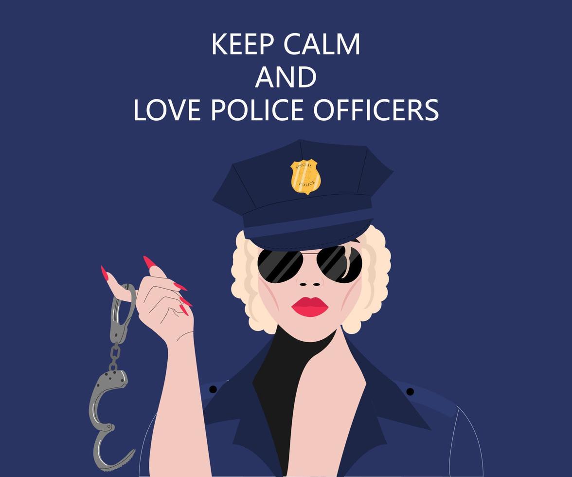 blond haren politievrouw in uniform, pet en bril houdt handboeien in haar hand. vector