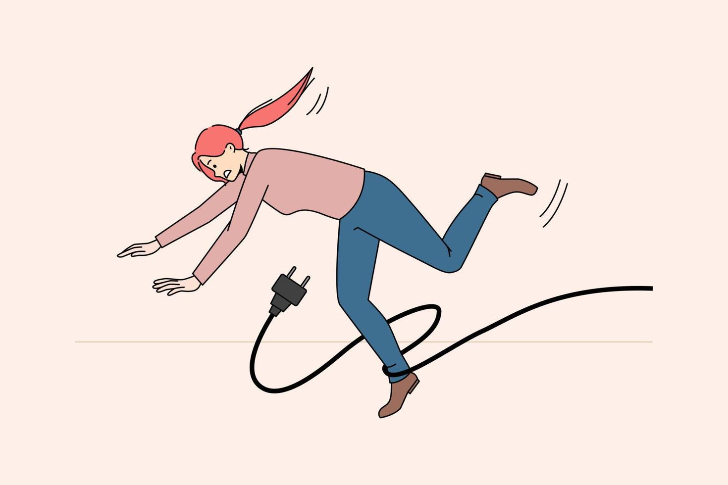 onhandig vrouw struikelen met macht kabel vallend Aan vloer. genadeloos vrouw vallen naar beneden hebben letsel of trauma omdat van ongeluk. voorzichtigheid of waarschuwing. risico en uitdaging concept. vector illustratie.