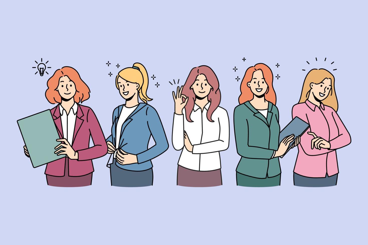 verschillend onderneemsters in formele kleding voelen zelfverzekerd en geslaagd Bij werkplek. vrouw bedrijf groep of team tonen leiderschap en eenheid. feminisme en werkgelegenheid. vector illustratie.