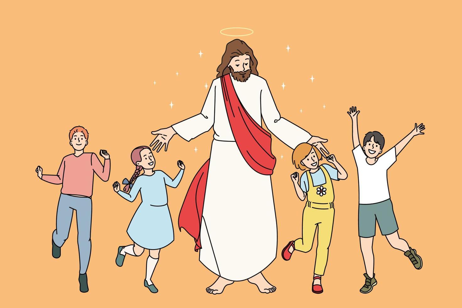 glimlachen weinig kinderen dansen in de omgeving van Jezus Christus gevoel blij en opgewonden. Jezus delen liefde en zorg communiceren met klein kinderen. geloof en geloof. vlak vector illustratie.