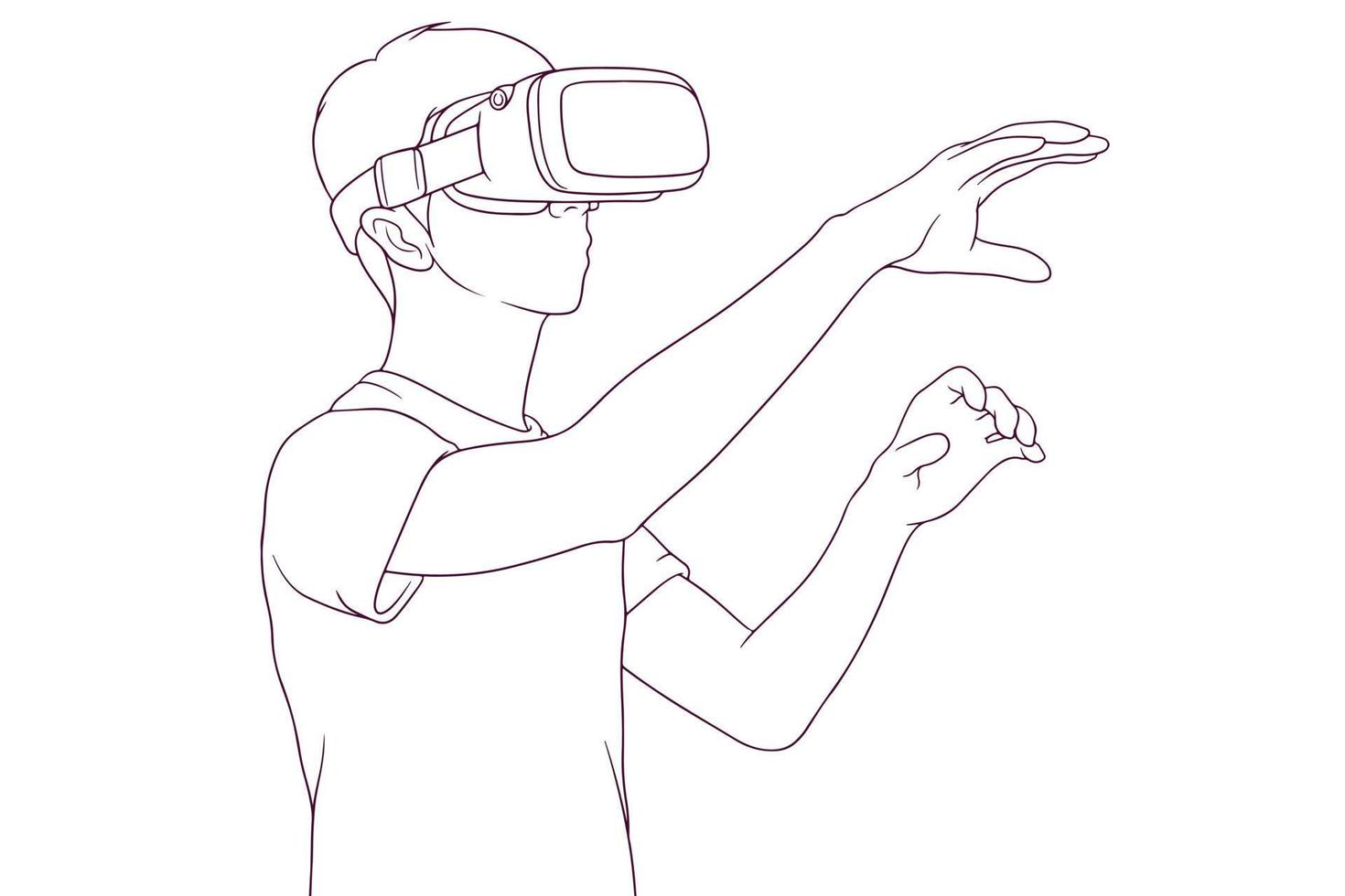 jong Mens gebruik makend van virtueel realiteit koptelefoon hand- getrokken stijl vector illustratie
