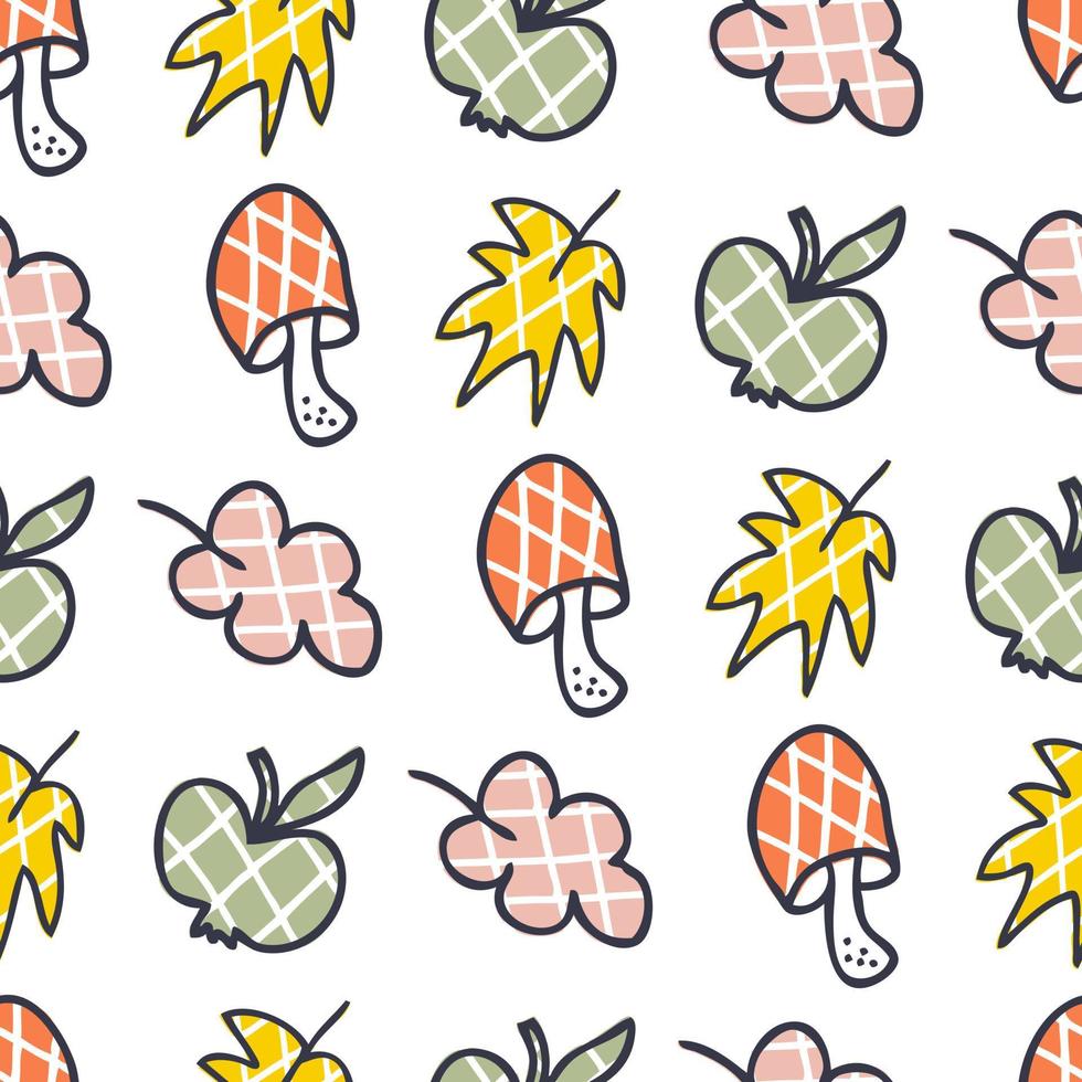 geruit paddestoelen, appels en bladeren naadloos patroon. vector