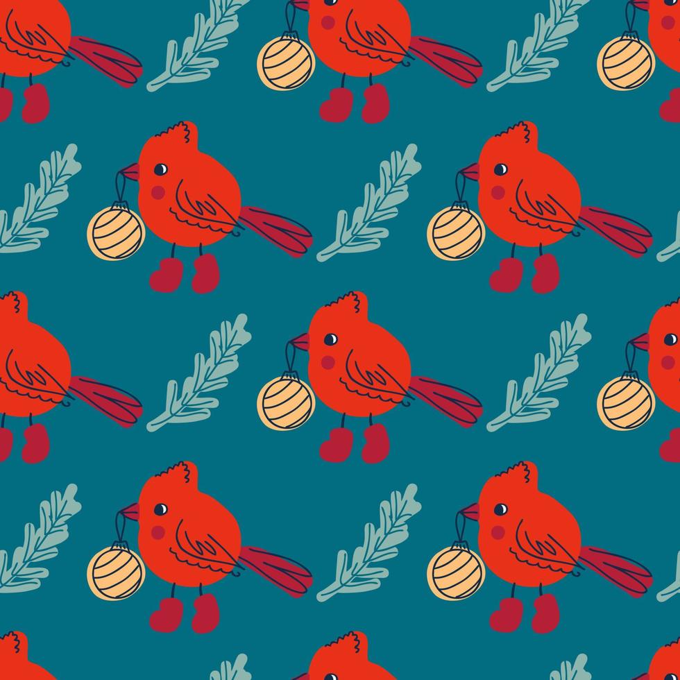 kardinaal vogel in laarzen met Kerstmis boom speelgoed- naadloos patroon. nieuw jaar afdrukken voor tee, papier, kleding stof, textiel. hand- getrokken vector illustratie voor decor en ontwerp.