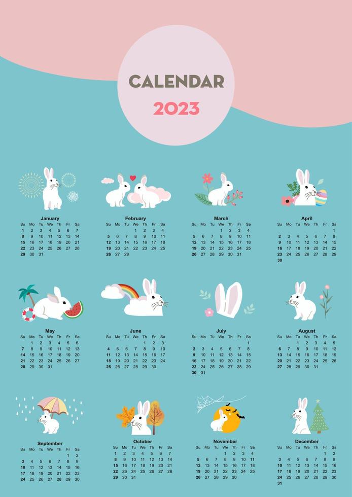 schattig seizoensgebonden vakantie kalender 2023 met konijn speciaal festival vector