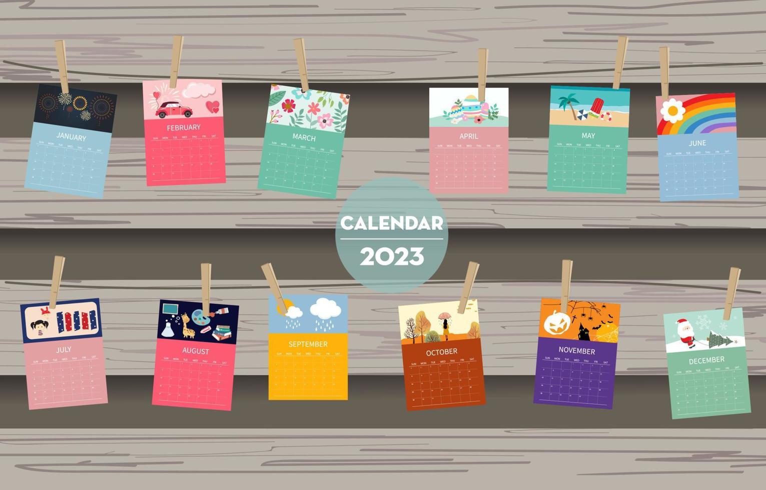 schattig seizoensgebonden vakantie kalender 2023 met speciaal festival vector