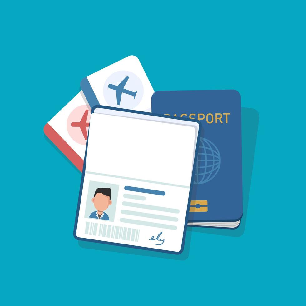 paspoort en vlak kaartje, instappen voorbij gaan aan ticket icoon vector