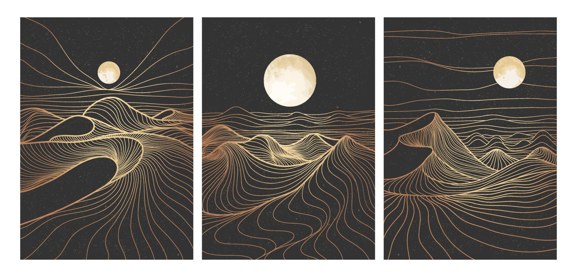 berg woestijn lijn kunst afdrukken Aan set. abstract berg hedendaags esthetisch achtergronden landschappen. met berg, woestijn, horizon en maanlicht. vector illustraties
