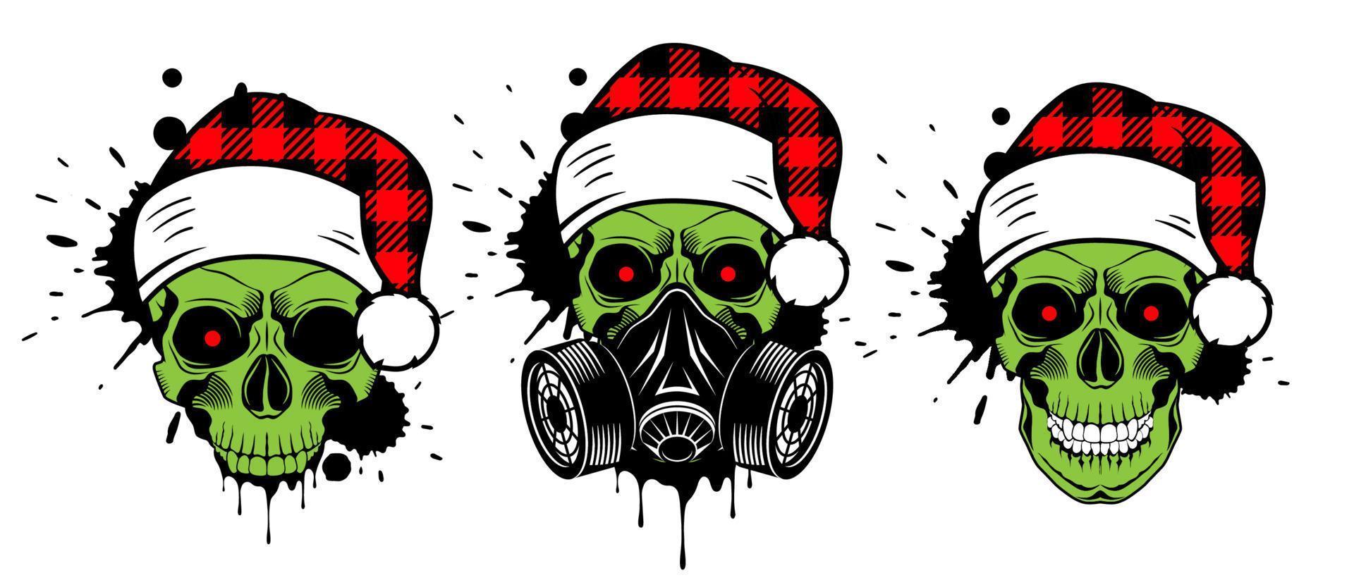 groen schedel met de kerstman hoed en gas- masker. Kerstmis 2020. verf spatten en druppelt. grunge vector illustratie