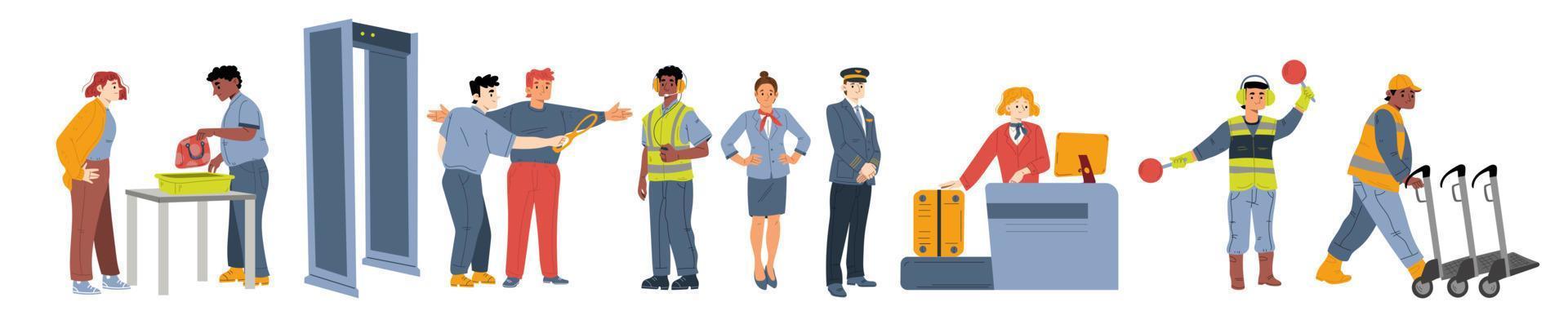luchthaven personeel, piloot, stewardess, veiligheid arbeiders vector