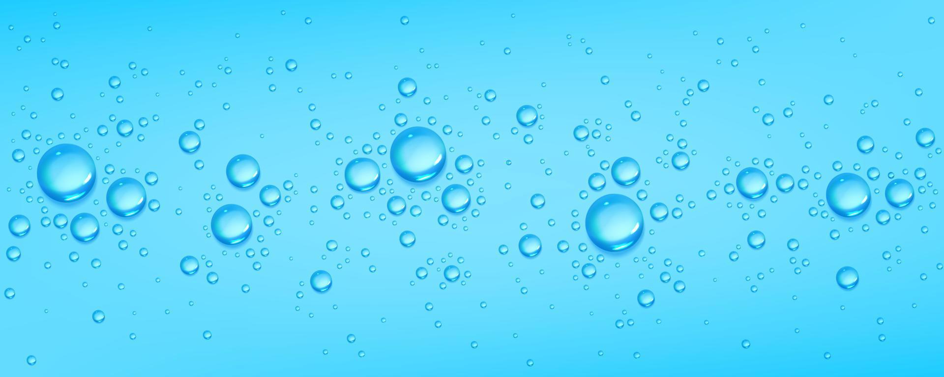 realistisch Doorzichtig water druppels Aan blauw achtergrond vector