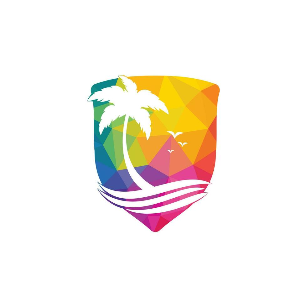 strand en palm boom vector logo. reizen en toerisme teken.